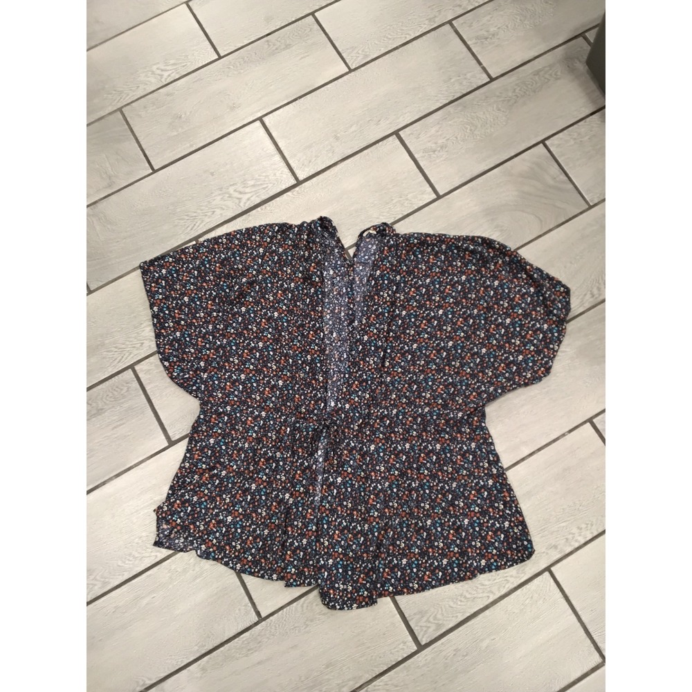 Easen Women's Kimono Floral‎ Print Navy Blue Orange Teal White Size L